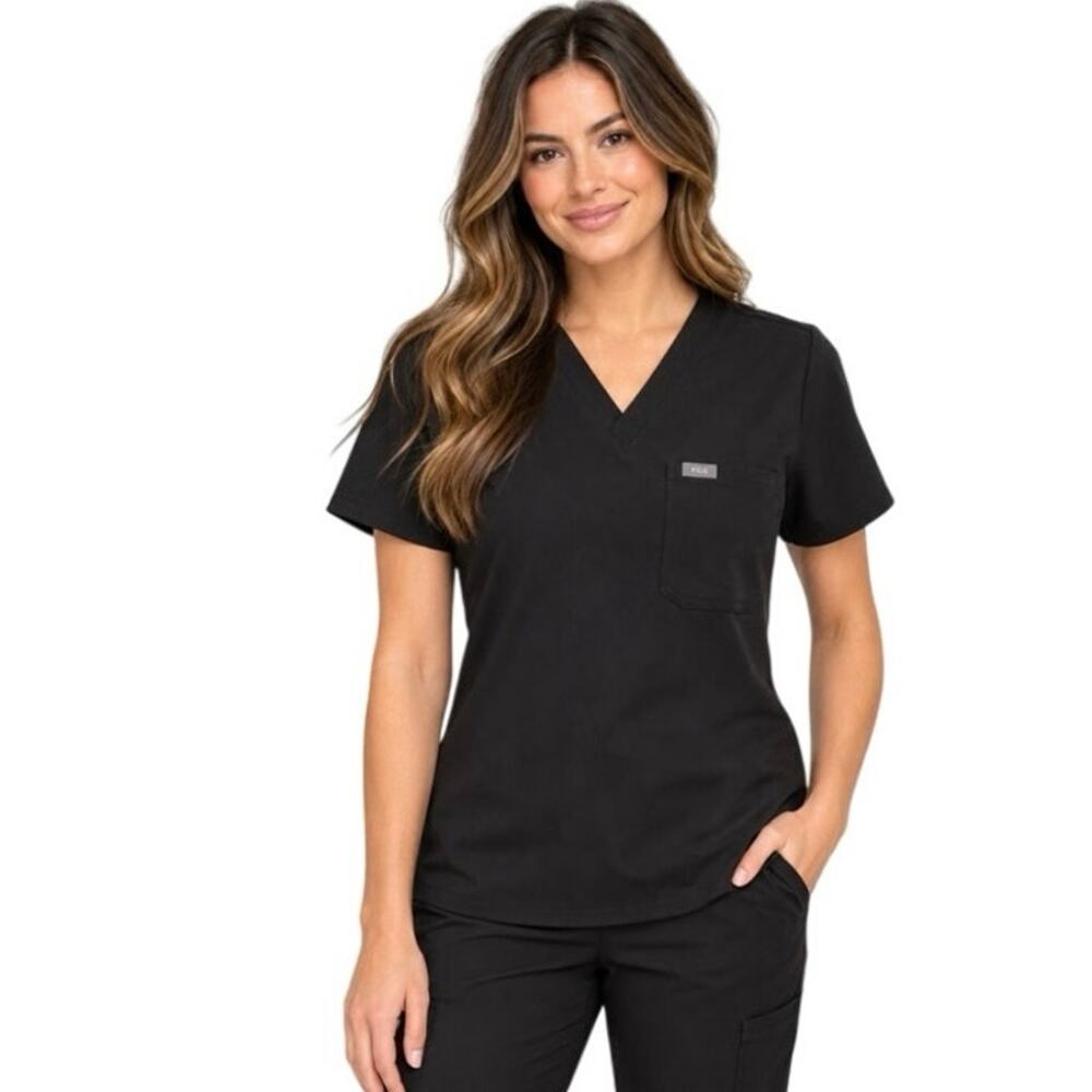 FIGS Technical Collection Black V-Neck One Pocket Medical Scrub Top Women’s S